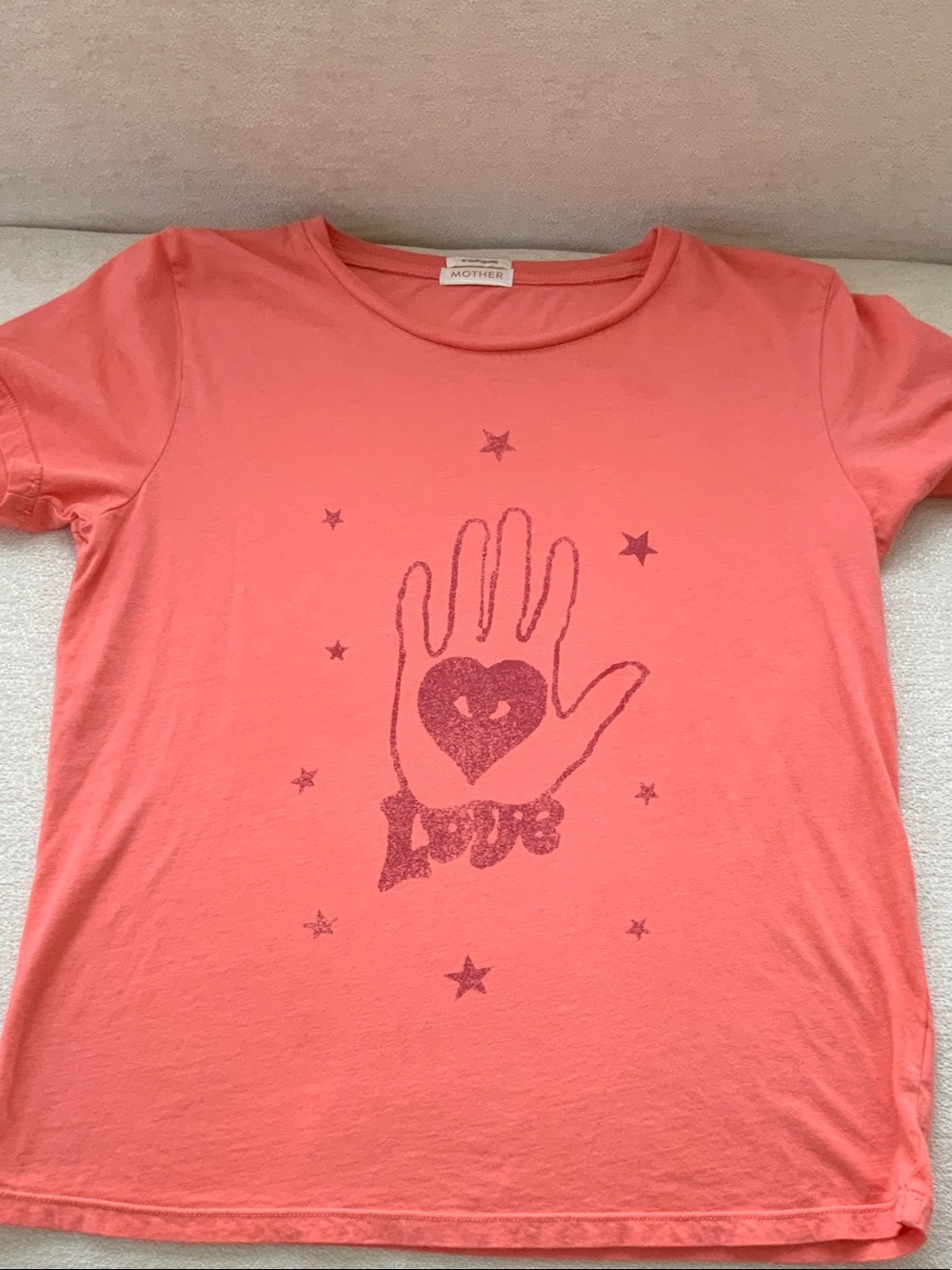 MOTHER Coral Short Sleeve Tee with Glitter Hand & Heart Graphic